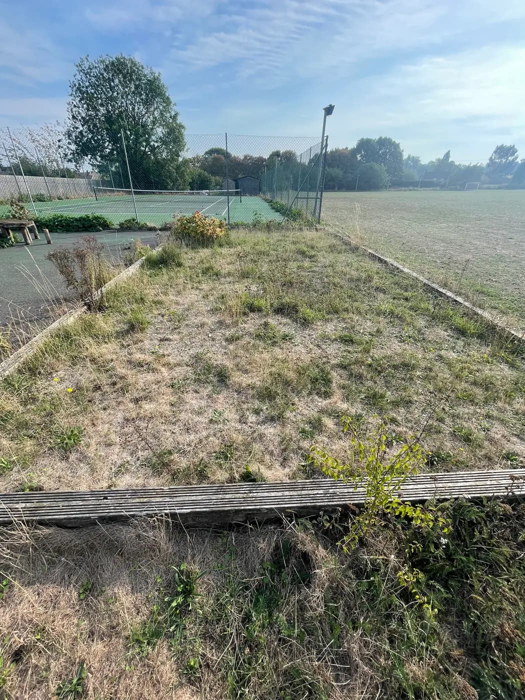 The disused pétanque piste in Wetherden — a timber-edged rectangle overgrown with grass and weeds, beside the tennis court and playing field.