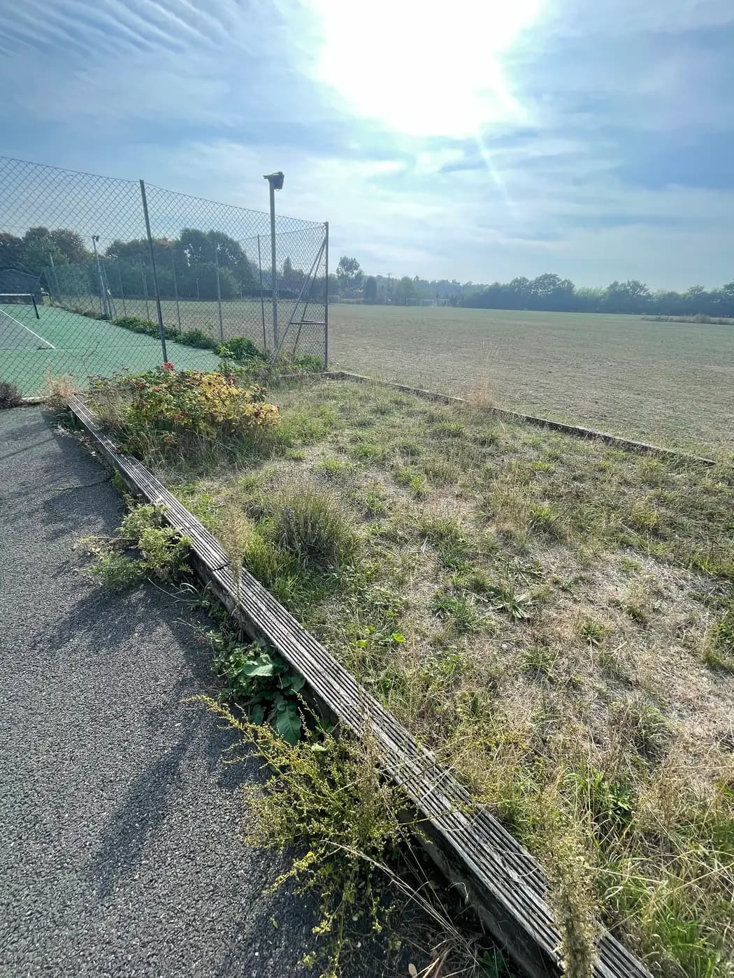 The disused pétanque piste in Wetherden — a timber-edged rectangle overgrown with grass and weeds, beside the tennis court and playing field.